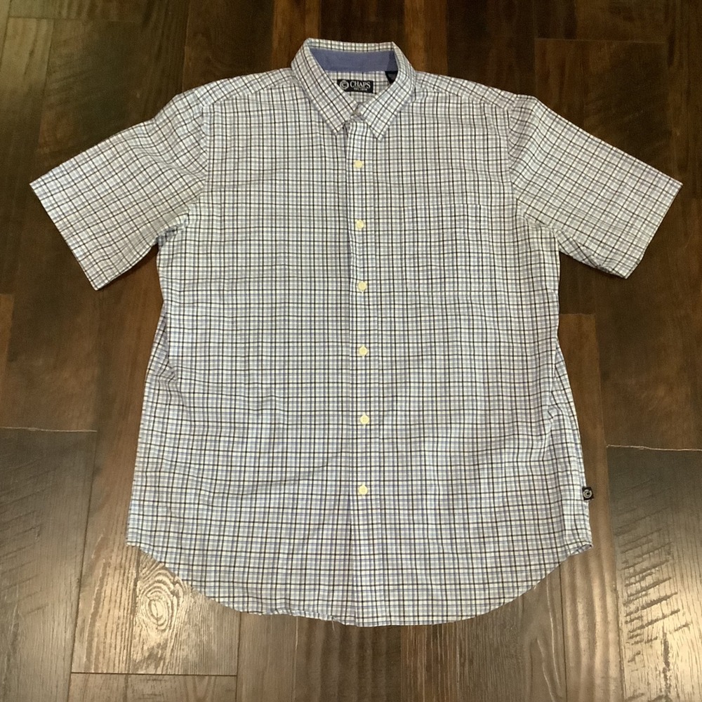 Chaps Mens Blue White‎ Plaid Short Sleeve Button Down Shirt Cotton Size M